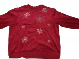 Roter kuscheliger Fleece Weihnachtspullover Schneeflocken bestickt  - Bild 1 von 7