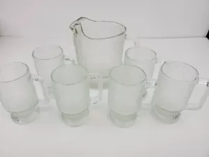 7 pc Vintage Indiana Glass "Crystal Ice" Pitcher and Footed Mug Set - Picture 1 of 5