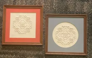 Pair Hardanger Norway Handcrafted Framed Matted Pieces VTG 1983 - Picture 1 of 4