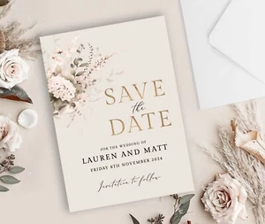 10 PACK - PERSONALISED SAVE THE DATE CARDS - NEUTRAL BEIGE BOHO NATURAL - Picture 1 of 4