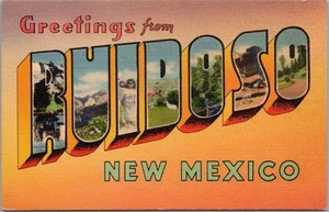 Vintage 1940s RUIDOSO, Large Letter Postcard Multi-View / "Graphic Facts" Linen - Imagen 1 de 2