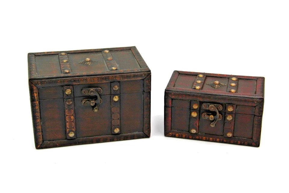 Set 2 Natural Wooden Chest Storage Boxes Jewelry Decoration Locker Cases - Image 1 of 1