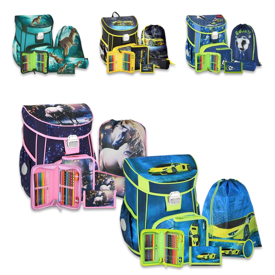 SPIRIT Schul Ranzen Set Turnbeutel Mäppchen Etui Brustbeutel Reflektoren Jungen Mädchen