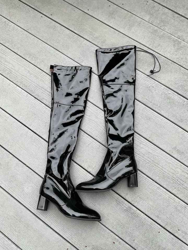 Black Patent Leather Thigh High Boots 44/12 - Image 1 of 4