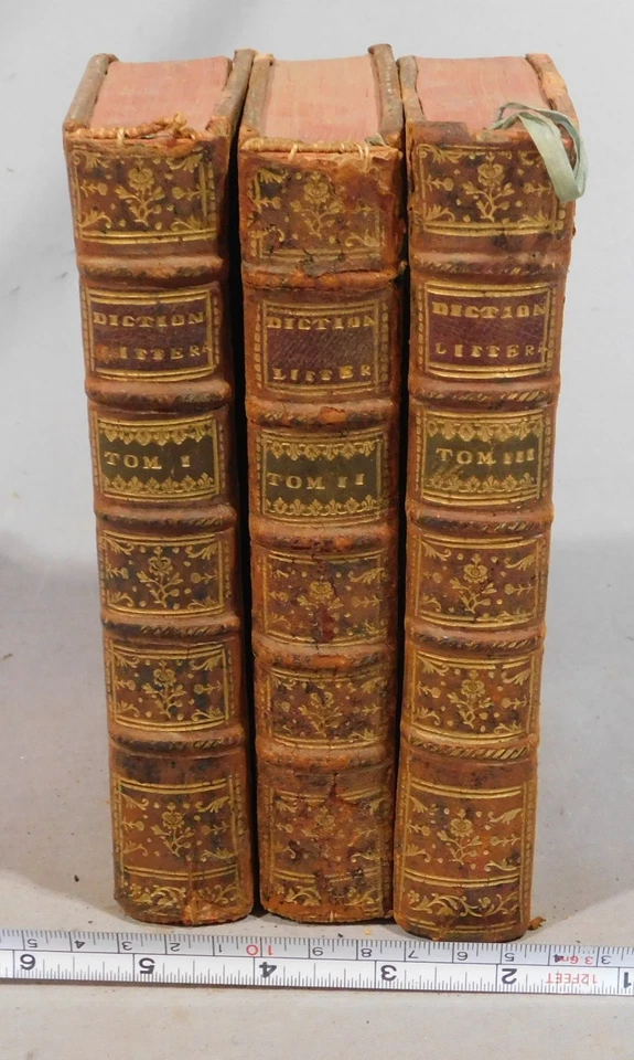 Rare Antique book set complete 1768 Dictionnaire Litteraire 3 volume leather - Image 1 of 4