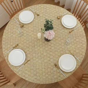 Round Vinyl Fitted Tablecloth with Flannel Backing Elastic Table Cloth Waterp... - Picture 1 of 6
