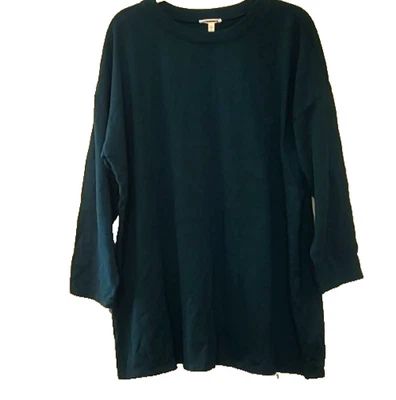 Eileen Fisher 全新无标签 168 美元超大深青青有机棉和大麻方格束腰外衣 S — 第 1/4 张图片