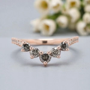 Curved wedding band 0.77 TW Round Salt And Pepper Diamond ring Chic Thin V Band - Picture 1 of 8