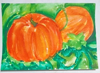 ACEO Original 2 Calabazas Acuarela Arte Pintura Otoño Otoño Naranja Halloween  Foto 1 de 3