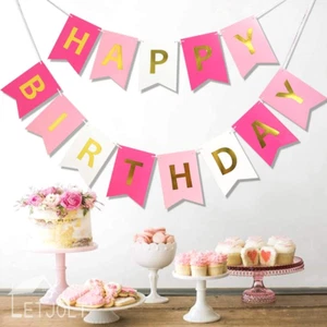 Pink Happy Birthday Banner Indoor Outdoor Kids Girls Party Sign Decor Decoration - Picture 1 of 8