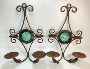Vintage Wrought Iron Green Glass Elephant Sconce Candle Holders set Of 2 RARE - Picture 1 of 8
