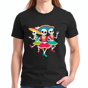 Vibrant Cotton Short Sleeve T-Shirt with Colorful Happy Skeletons-All-cotton - Picture 1 of 4