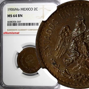 Mexico ESTADOS UNIDOS MEXICANOS 1906 Mo 2 Centavos NGC MS64 BN TONED KM#419 (47) - Picture 1 of 4