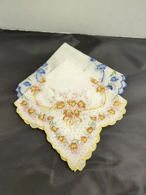 Vintage Set Of 2 Hankies Floral Blue And Yellow - Изображение 1 из 4