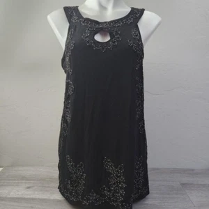 Lauren Michelle schwarzes Top Gr. L bestickt Blumen Wirbel Schlüsselloch U-Boot Ausschnitt - Bild 1 von 13