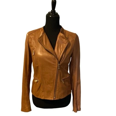 Chaqueta de Moto Ann Taylor Cuero Coñac Talla XS Cremallera Completa Forrada Bolsillos Motociclista Elegante Foto 1 de 4