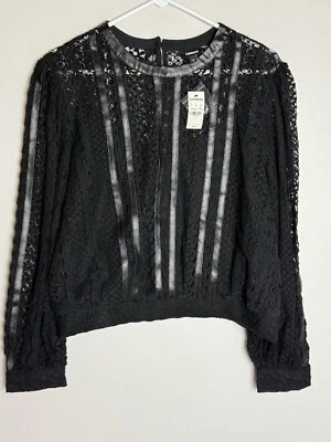 NWT EXPRESS Womens Layered Black Lace Faux Leather Crop Top Large — 第 1/4 张图片