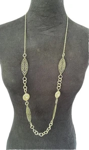 Filigree Medallion & Chain Necklace, Center Bead, Brass/Gold-toned, Long - Picture 1 of 6