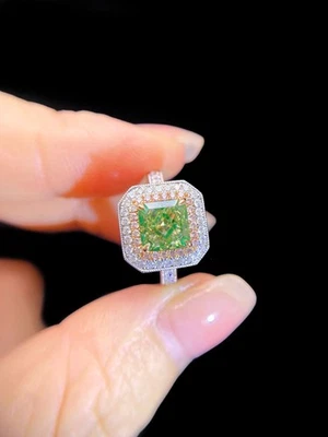 Exquisite 2 CT Lab-Grown Green Diamond Ring 14K White Gold - Image 1 of 4