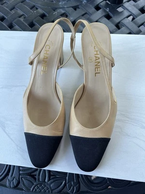 CHANEL Goatskin Grosgrain Cap Toe CC Slingback Pumps 39 Beige Black - Image 1 of 4