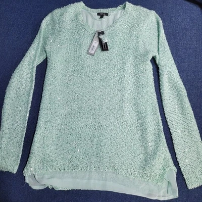 Suéter Pullover APT 9 Verde Como Nuevo Lentejuelas Gasa Forrado Vee Talla Pequeña Foto 1 de 4