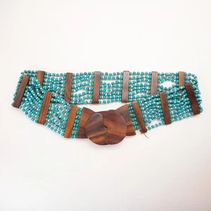 Boho Beaded Stretch Waist Belt Wood Clasp Buckle Teal Beads Festival Statement - Picture 1 of 8