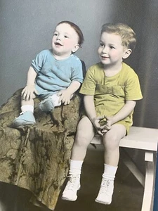 Classic 1950s Old Photo Hand Tinted Young Boys Brothers Beautiful Handcolored - Picture 1 of 4