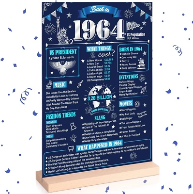 Decoraciones de 60 cumpleaños azul marino y plata con póster vintage de 1964 Foto 1 de 4