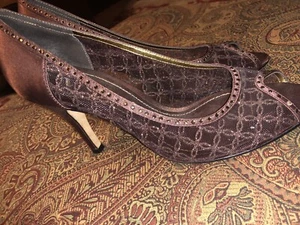 Nina Bronze / Copper Satin Peep-Toe Heels Pumps Shoes Rhinestones Mesh 7.5M - Picture 1 of 12