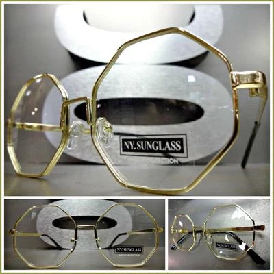 New CLASSIC VINTAGE RETRO Style Clear Lens EYE GLASSES Unique Gold Octagon Frame - Image 1 of 4
