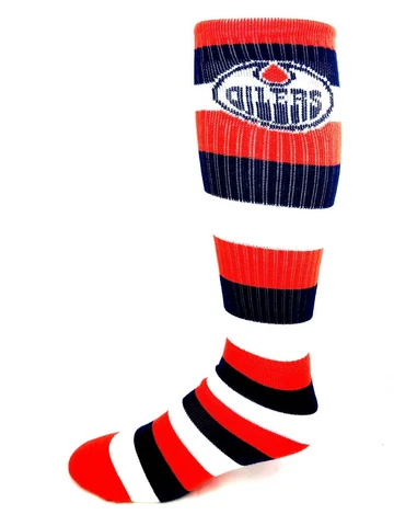 Edmonton Oilers Hockey Navy Blue & White Ribbed Striped Tube Socks Cover