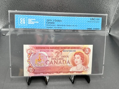 1974 Canada $2 Bank Note   SN Graded CCCS UNC 64 SN# ARD4785190 - Image 1 of 4