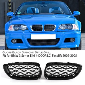 Gloss Black Diamond Front Kidney Grilles Grill Cover For BMW E46 4D 2002-2005 - Picture 1 of 8