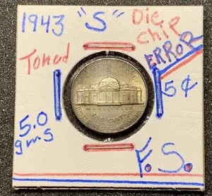 1943-S Error Die Chip Jefferson Nickel 5FS Silver - Picture 1 of 8