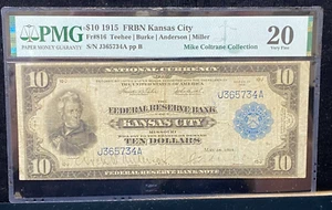 1915 $10 KANSAS CITY FEDERAL RESERVE NOTE FR#816 COLTRANE PMG VF 20 NO RESERVE - Picture 1 of 9