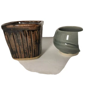 Vintage Pair Of Handmade Art Pottery  Brown Green Slip Glazed And Signed - Picture 1 of 8