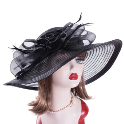 Womens Wide Brim Floppy Satin Ribbon Sun Hat Wedding Church Kentucky Derby A591 - Image 1 of 4