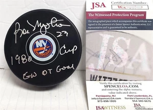Bob Nystrom autographed hockey puck inscribed 1980 Cup OT Winning Goal JSA Auth - Picture 1 of 2