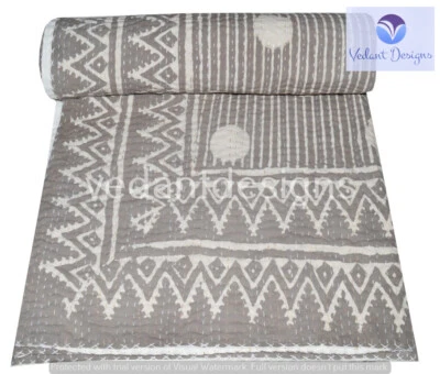 Indian Block Queen Kantha Handmade Quilt Cotton Bed Cover Throw - Image 1 of 4
