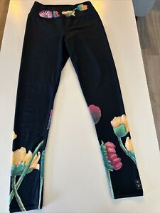 Debbie Dannheisser Fine Art Threads Leggings Size L Black Floral Prints Flowers