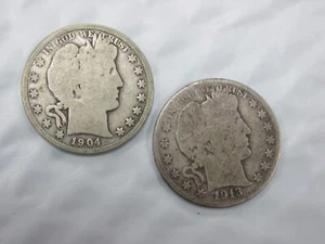 Pair of Barber Half Dollar 50c US Silver Coins 1913 1904-O V129 - Picture 1 of 2