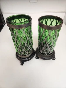 Vintage Glass Green Diamond Point Caged Lamp Light Candle Holder MCM 1960s - Picture 1 of 15