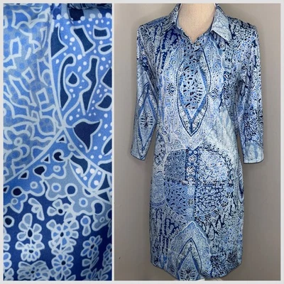 Gretchen Scott blue & white paisley stretch jersey Everywhere shirt dress Large - Image 1 of 4