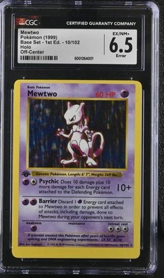 Pokemon Mewtwo 1st Edition Base Set Shadowless Holo Card 10/102 ERROR CGC 6.5 - Image 1 of 2
