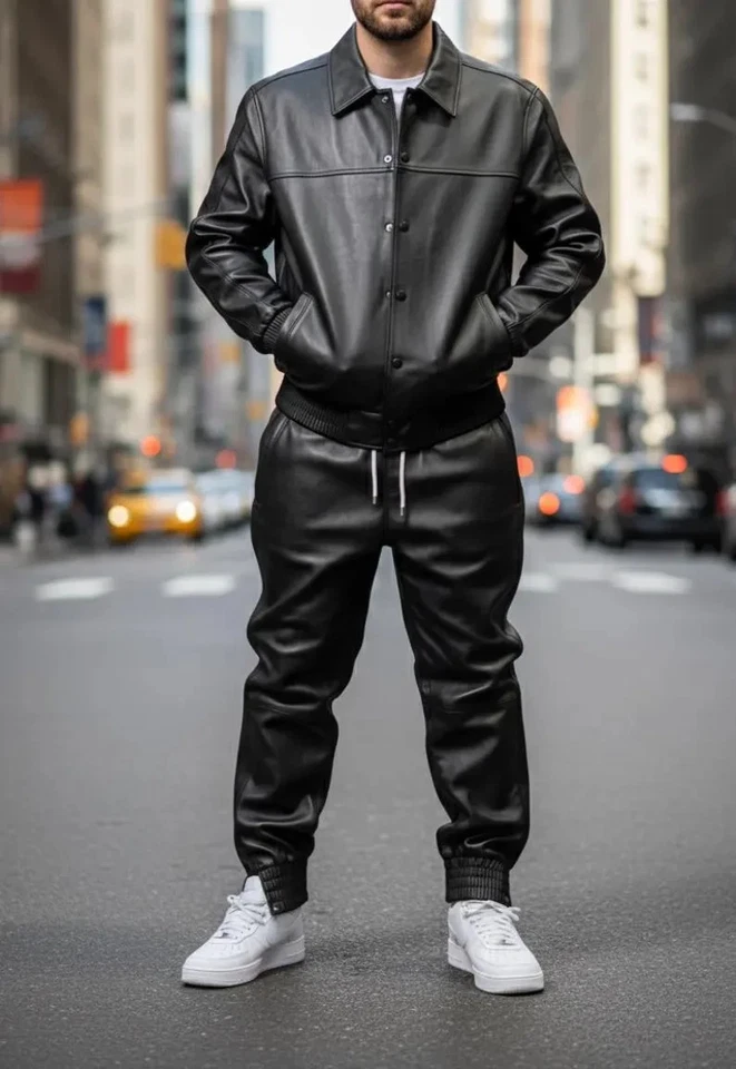 Chándal de cuero real para hombre - Hecho a mano Jogging Gimnasio Ropa Conjunto completo Chaqueta y pantalones Foto 1 de 4