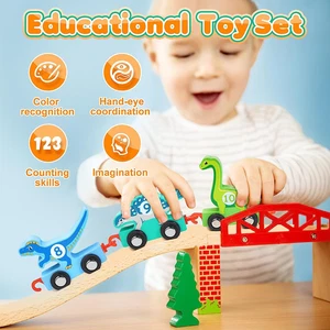 Montessori Dinosaur Wooden Train Set for 1-3 Year Old Boys & Girls Gifts - Picture 1 of 12