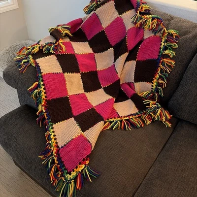 Vintage Handmade Crochet Knit Afghan Throw Blanket Colorful Squares Fringe Trim - Image 1 of 4