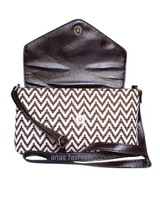 Chevron Print Crossbody Bag for Women – Faux Leather Flap, Brown & White - Picture 1 of 5