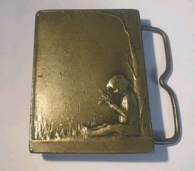 Vintage  Bergamot Brass Works Belt Buckle Child Under Tree W/Flowers  - Image 1 of 4