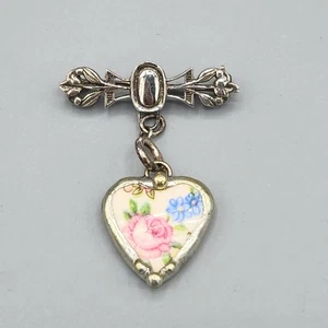 Sterling Silver Broken China Porcelain Heart Charm Dangle Chatelaine Brooch 2.4g - Picture 1 of 8